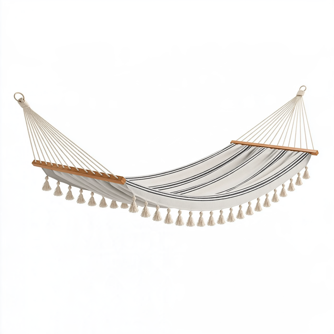 Hamac 300 x 100 x 10 cm en coton beige et noir avec barres en bois style bohème