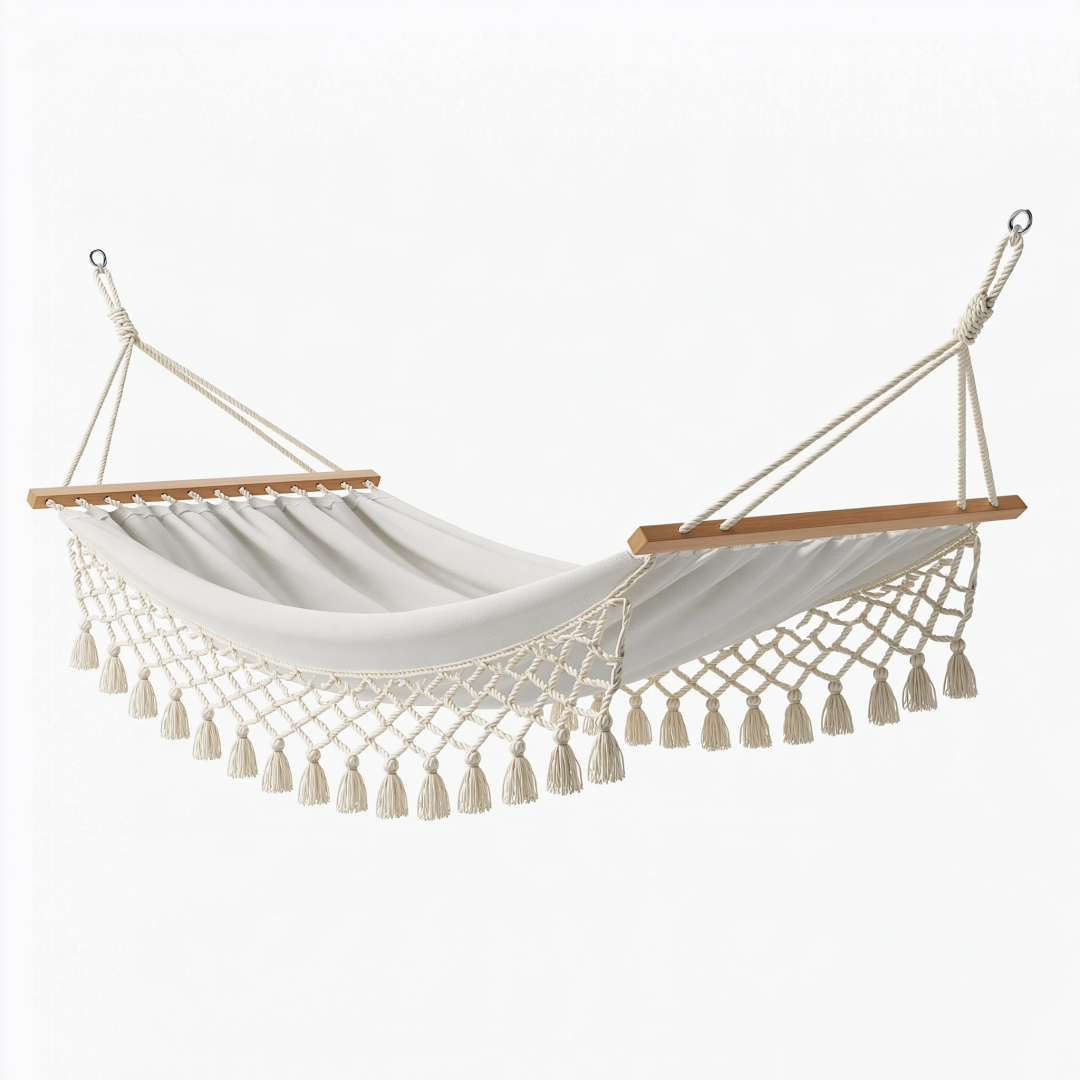 Hamac suspendu 200 x 80 cm en coton blanc avec barres en bois style bohème