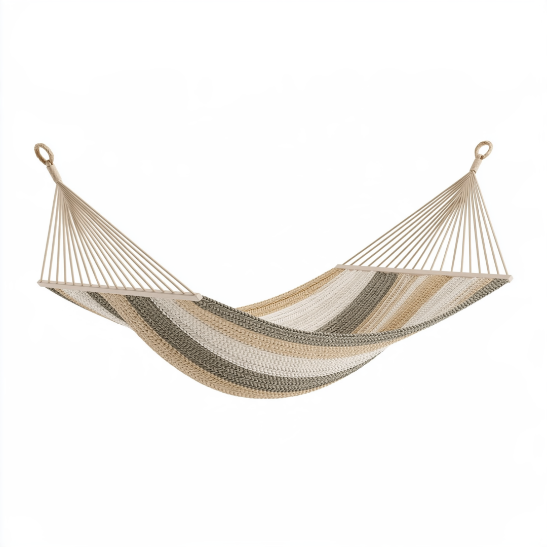 Hamac 320 x 100 cm en coton beige blanc gris avec barres d'écartement suspendu