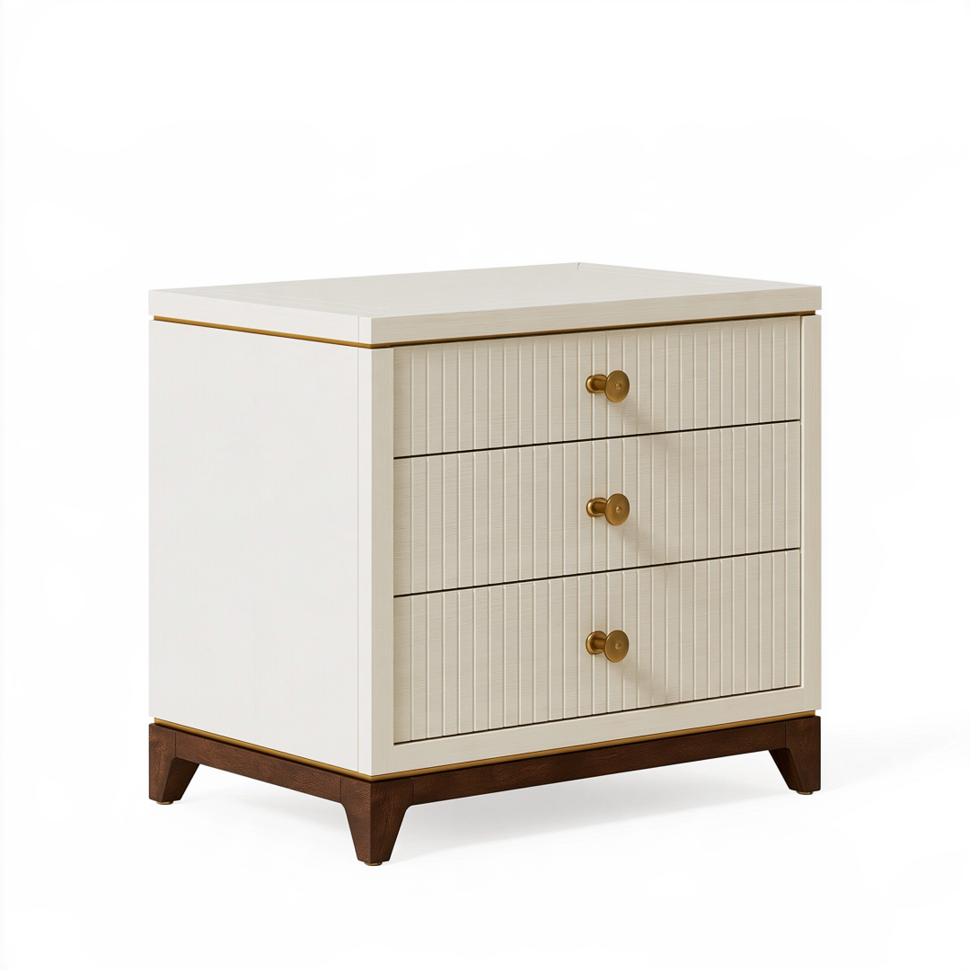 Table de chevet 60 x 40 x 65 cm en bois blanc/marron/doré - 3 tiroirs style contemporain