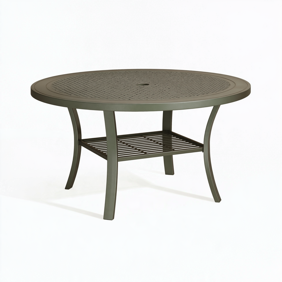 Table de jardin ronde 106 cm en métal vert olive - trou de parasol et tablette basse