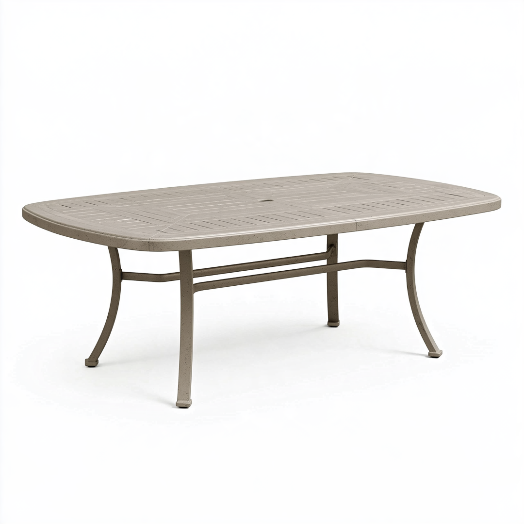 Table de jardin rectangulaire 200 x 100 cm beige en métal avec trou de parasol