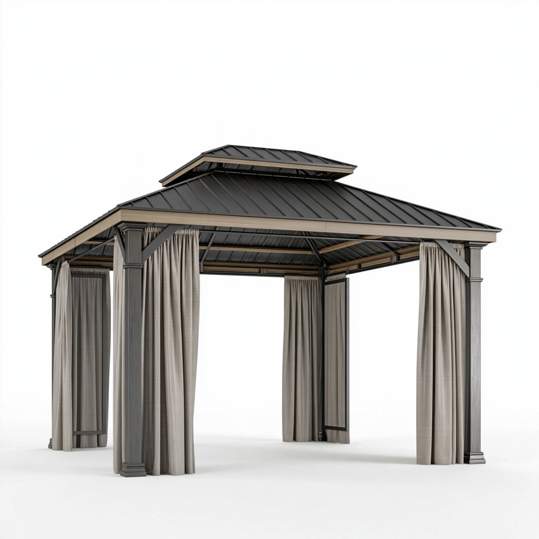 Tonnelle de jardin 300 x 300 cm en acier gris anthracite avec toit rigide et rideaux