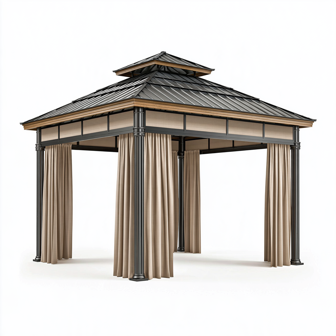 Tonnelle de jardin 300 x 300 cm en métal noir avec rideaux beige style pavillon