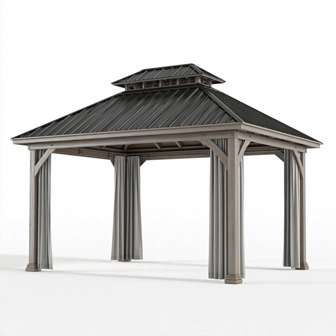 Tonnelle de jardin 300 x 300 x 300 cm en bois gris avec toit en métal et rideaux style pavillon