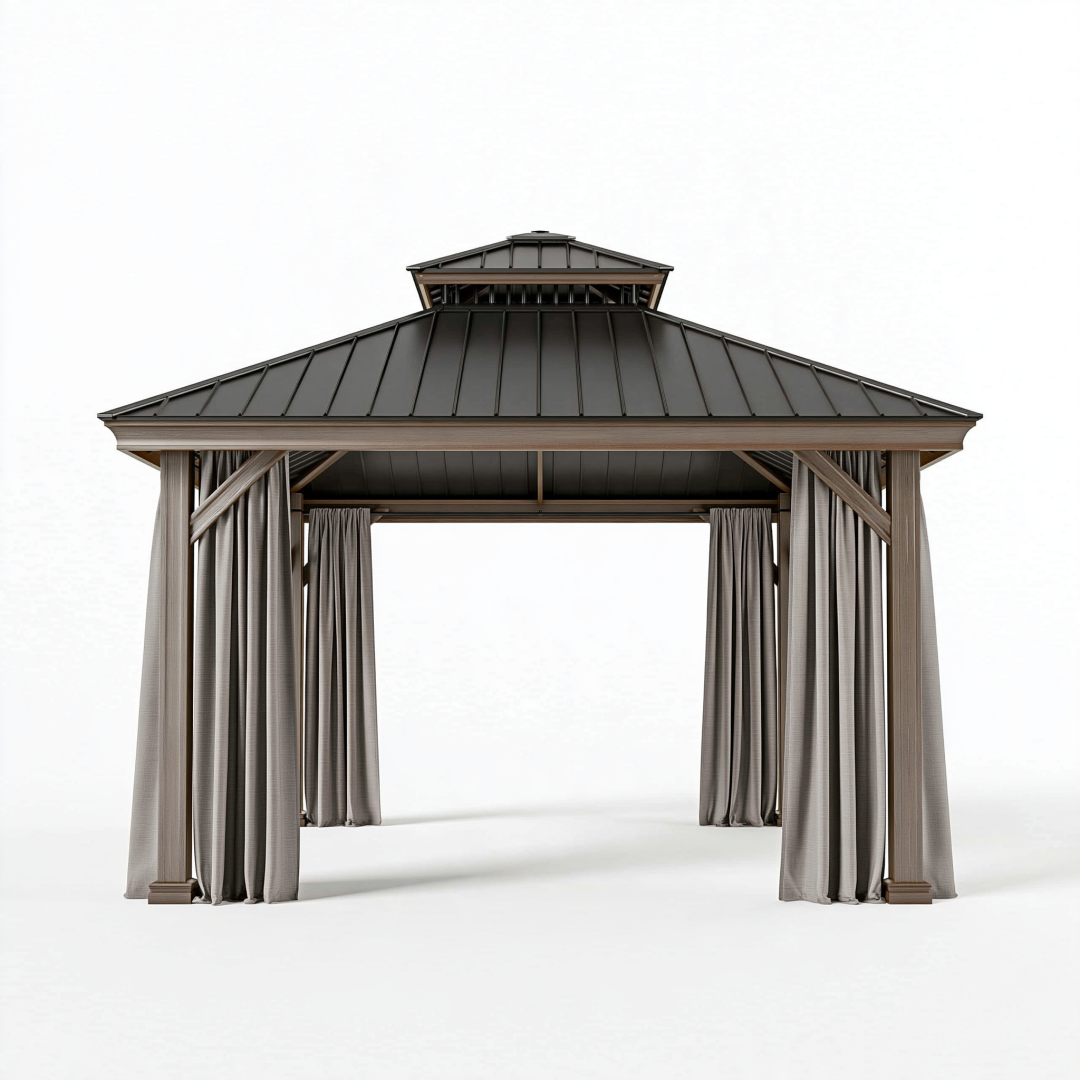 Pavillon de jardin 300 x 300 cm en aluminium marron avec toit rigide et rideaux