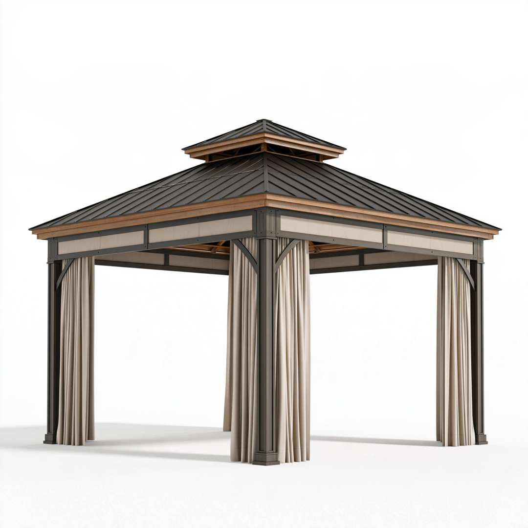 Tonnelle de jardin 300 x 300 x 300 cm en métal noir avec rideaux beige - toit double niveau