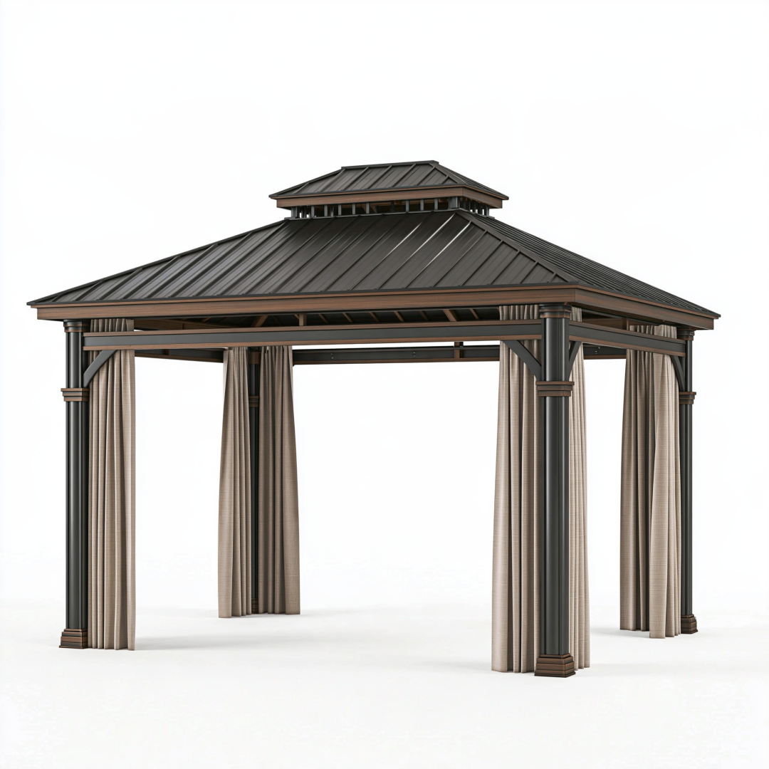 Pavillon de jardin 300 x 300 x 300 cm en métal noir marron avec rideaux beiges style contemporain
