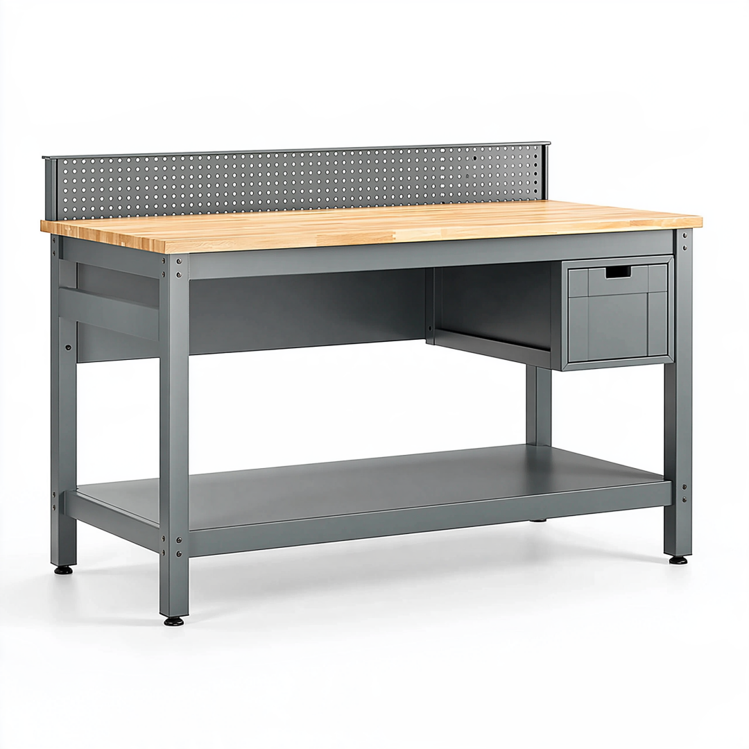 Établi d'atelier 120 x 60 cm en acier gris avec plateau en bois et panneau perforé