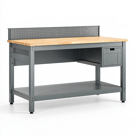 Établi d'atelier 120 x 60 cm en acier gris avec plateau en bois et panneau perforé