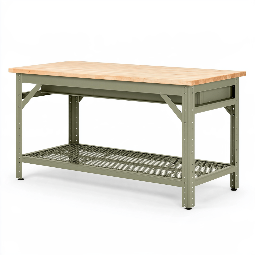 Établi 152 x 61 x 86 cm en bois et acier vert kaki avec étagère grillagée