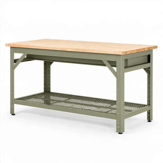 Établi 152 x 61 x 86 cm en bois et acier vert kaki avec étagère grillagée