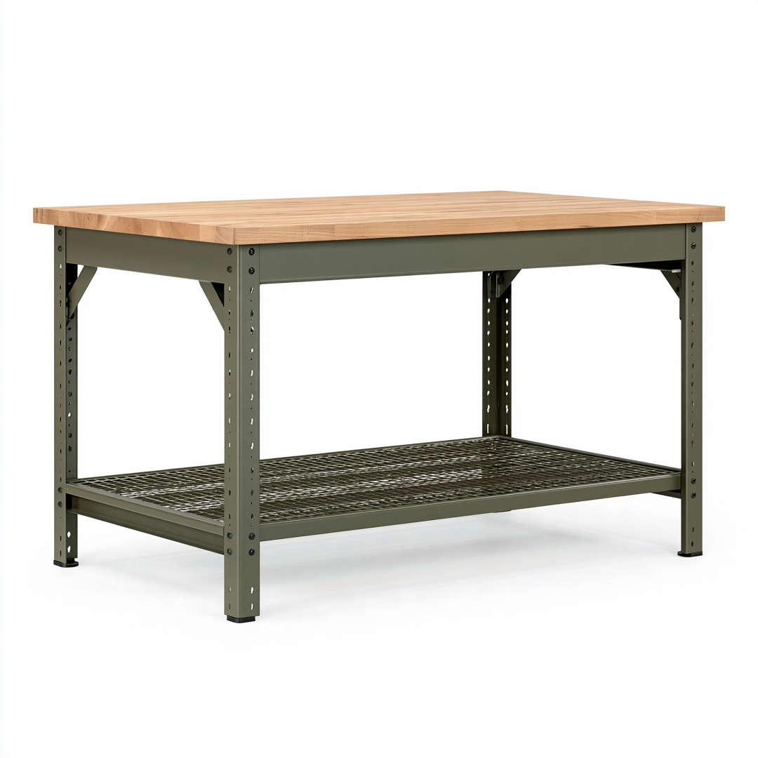 Établi 120 x 60 x 90 cm en bois et acier vert avec étagère grillagée
