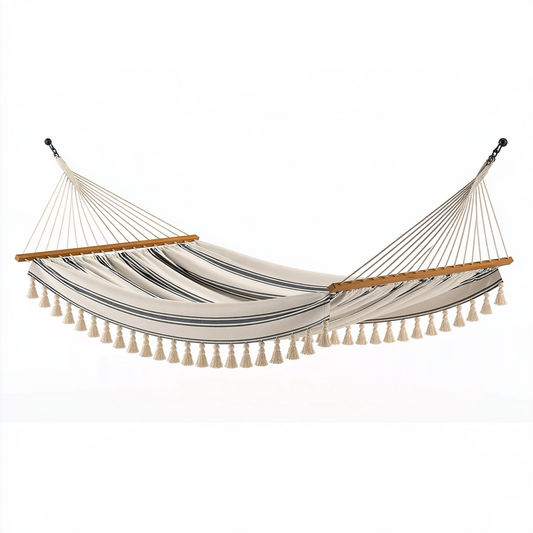 Hamac de jardin 300 x 120 cm en textile beige rayé avec barres en bois style bohème