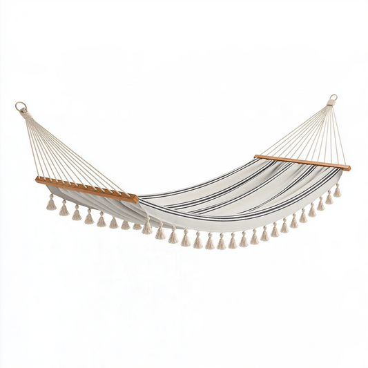 Hamac 300 x 100 x 10 cm en coton beige et noir avec barres en bois style bohème