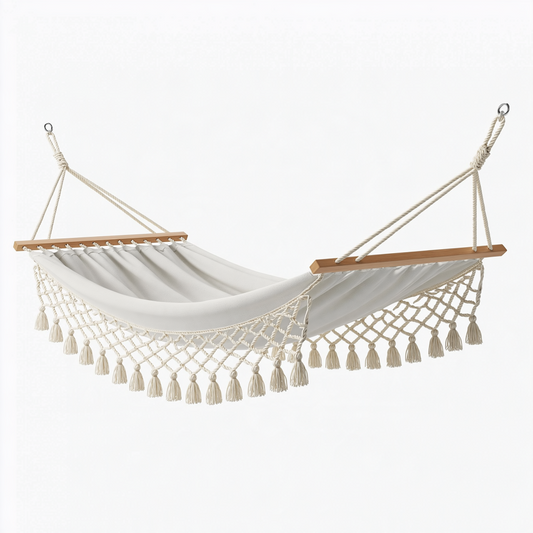 Hamac suspendu 200 x 80 cm en coton blanc avec barres en bois style bohème