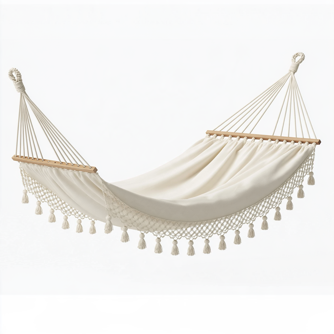 Hamac 300 x 100 cm en coton écru avec barres en bois style bohème