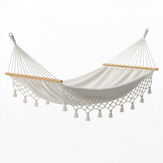 Hamac 320 x 100 cm en coton écru avec barres en bois style bohème