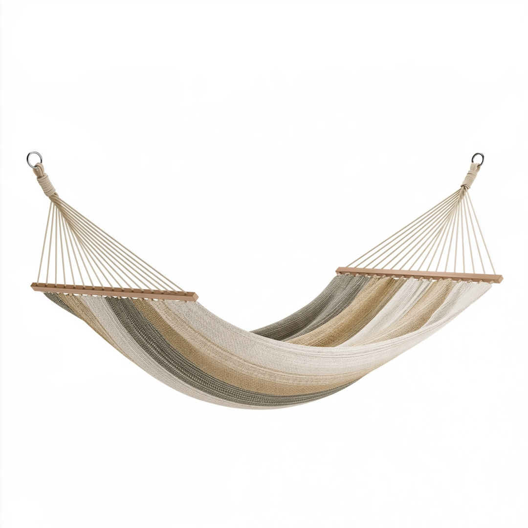 Hamac 300 x 100 cm en coton beige gris avec barres en bois pour jardin style bohème