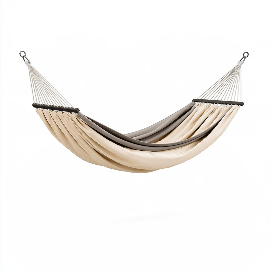 Hamac 200 x 140 x 120 cm en tissu beige et gris avec barres d'écartement pour détente