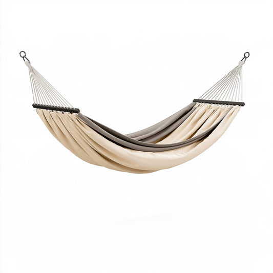 Hamac 200 x 140 x 120 cm en tissu beige et gris avec barres d'écartement pour détente