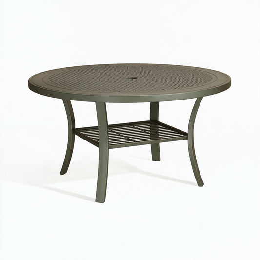 Table de jardin ronde 106 cm en métal vert olive - trou de parasol et tablette basse