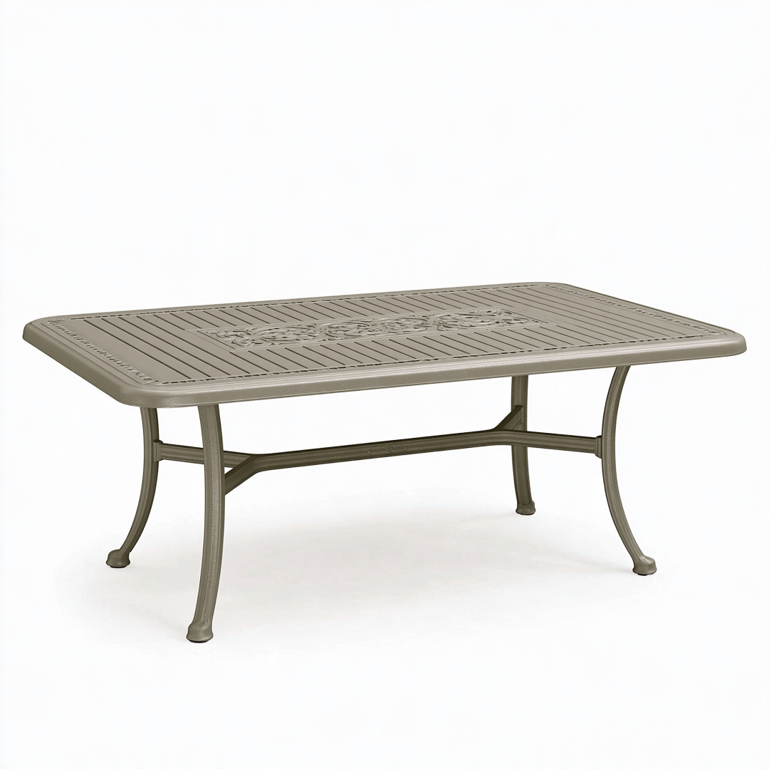 Table de jardin rectangulaire 150 x 90 x 73 cm en métal taupe style classique