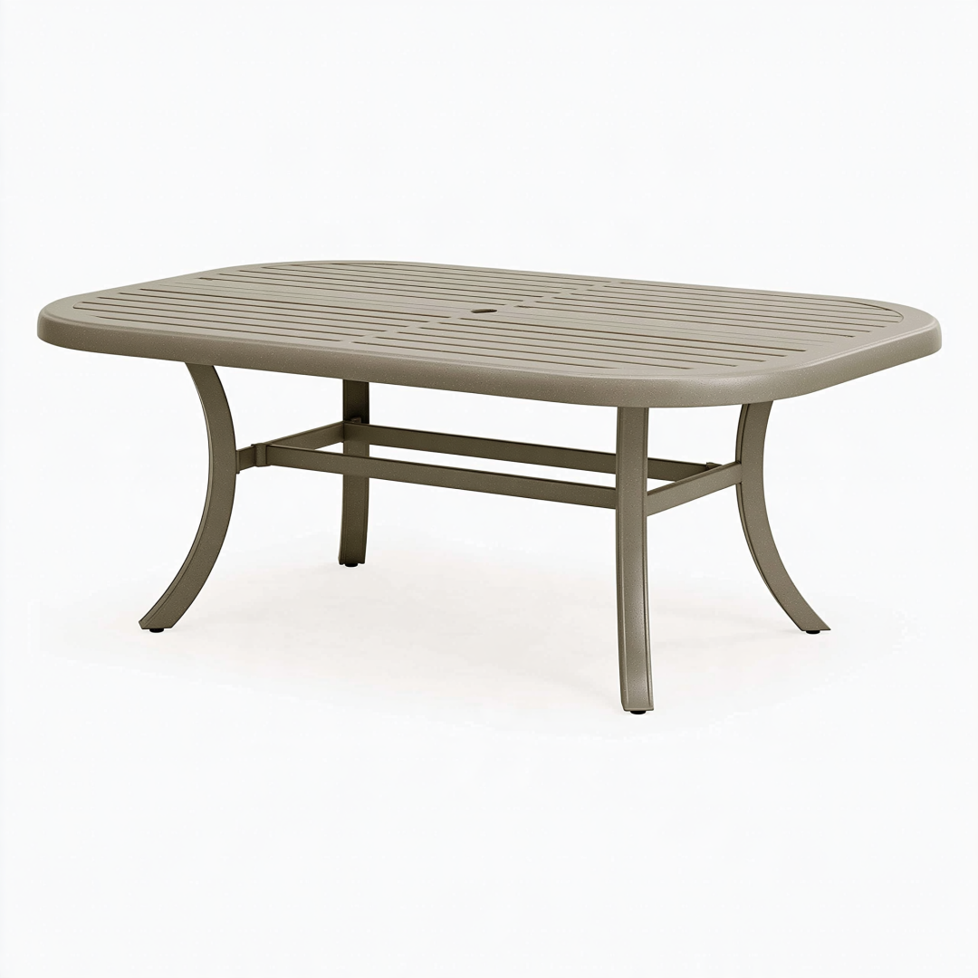 Table de jardin rectangulaire 150 x 90 x 74 cm en métal taupe avec trou pour parasol