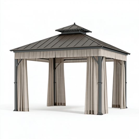 Tonnelle de jardin 300 x 300 x 300 cm en métal gris avec rideaux style pavillon