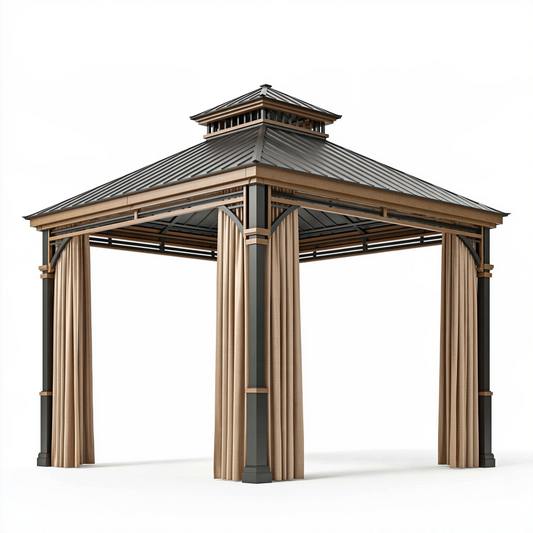 Tonnelle de jardin 300 x 300 cm en métal noir et beige avec rideaux style pavillon