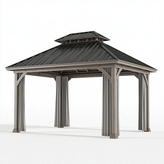 Tonnelle de jardin 300 x 300 x 300 cm en bois gris avec toit en métal et rideaux style pavillon