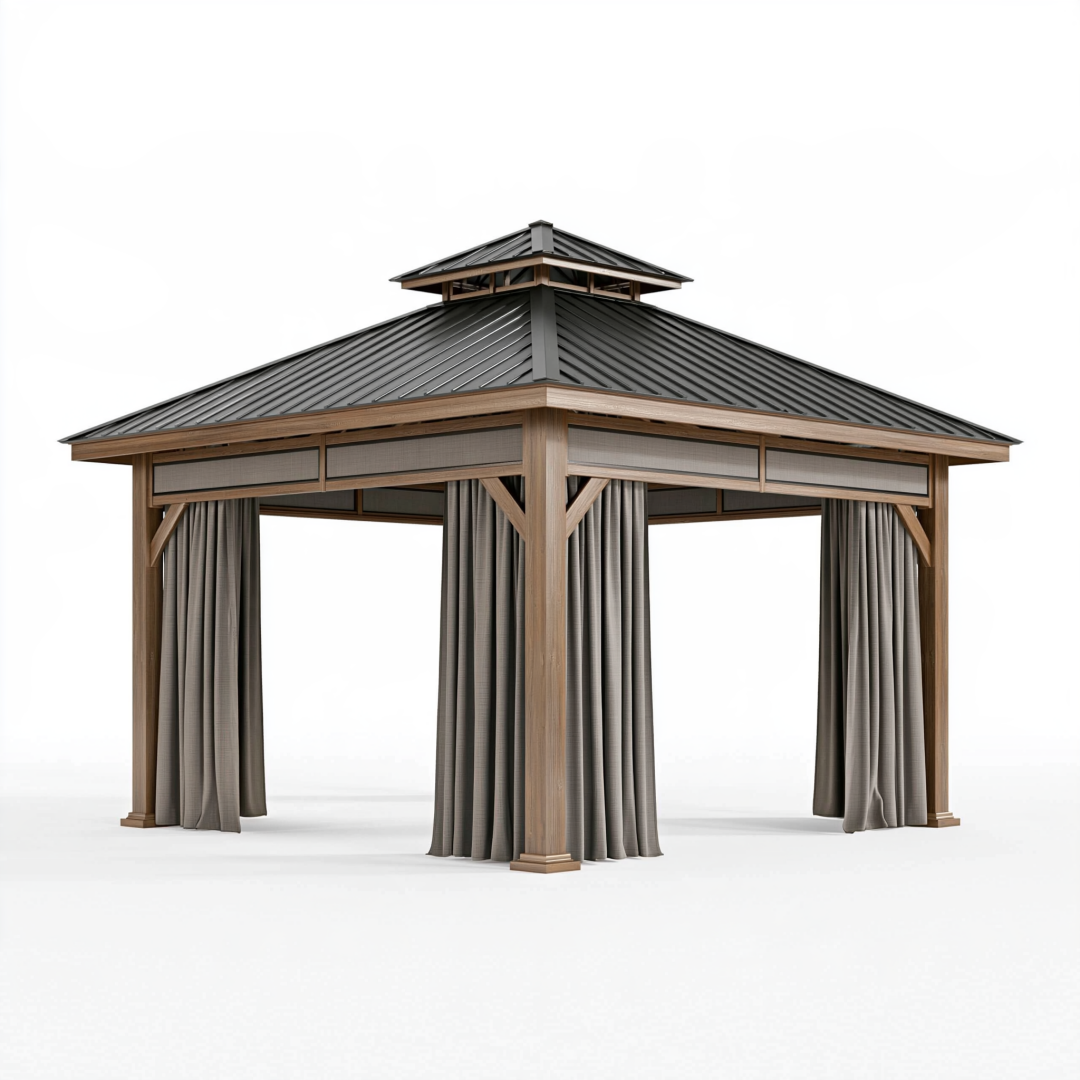 Tonnelle de jardin 400 x 300 cm en bois marron avec toit métallique gris foncé et rideaux latéraux