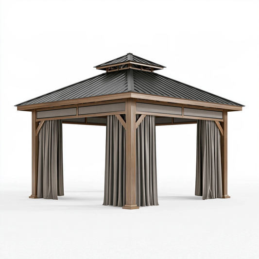 Tonnelle de jardin 400 x 300 cm en bois marron avec toit métallique gris foncé et rideaux latéraux