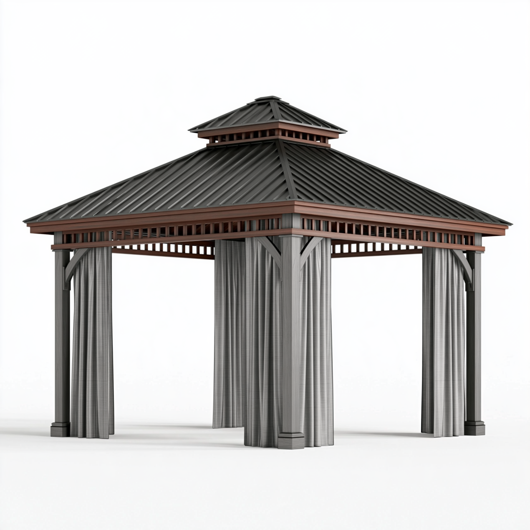 Pavillon de jardin 300 x 300 x 300 cm en acier noir brun et gris avec rideaux toit ventilé