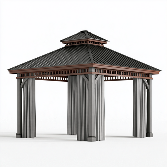 Pavillon de jardin 300 x 300 x 300 cm en acier noir brun et gris avec rideaux toit ventilé