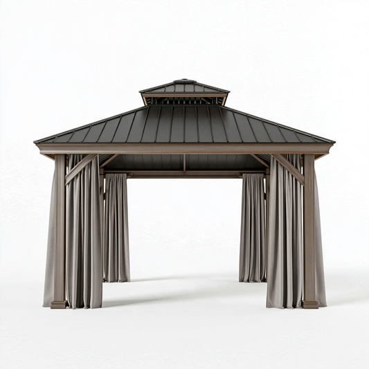 Pavillon de jardin 300 x 300 cm en aluminium marron avec toit rigide et rideaux