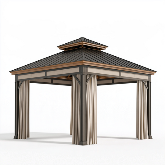 Tonnelle de jardin 300 x 300 x 300 cm en métal noir avec rideaux beige - toit double niveau