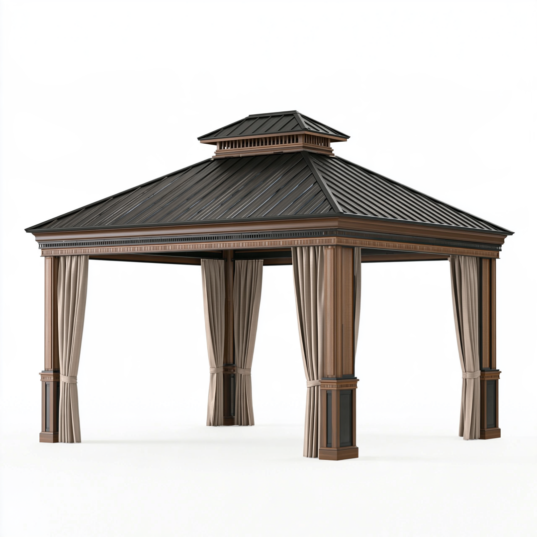 Tonnelle de jardin 400 x 300 cm en métal marron avec toit rigide et rideaux