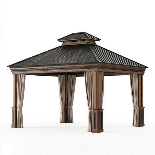 Tonnelle de jardin 400 x 300 cm en métal marron avec toit rigide et rideaux