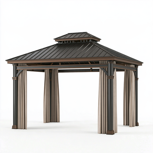 Pavillon de jardin 300 x 300 x 300 cm en métal noir marron avec rideaux beiges style contemporain