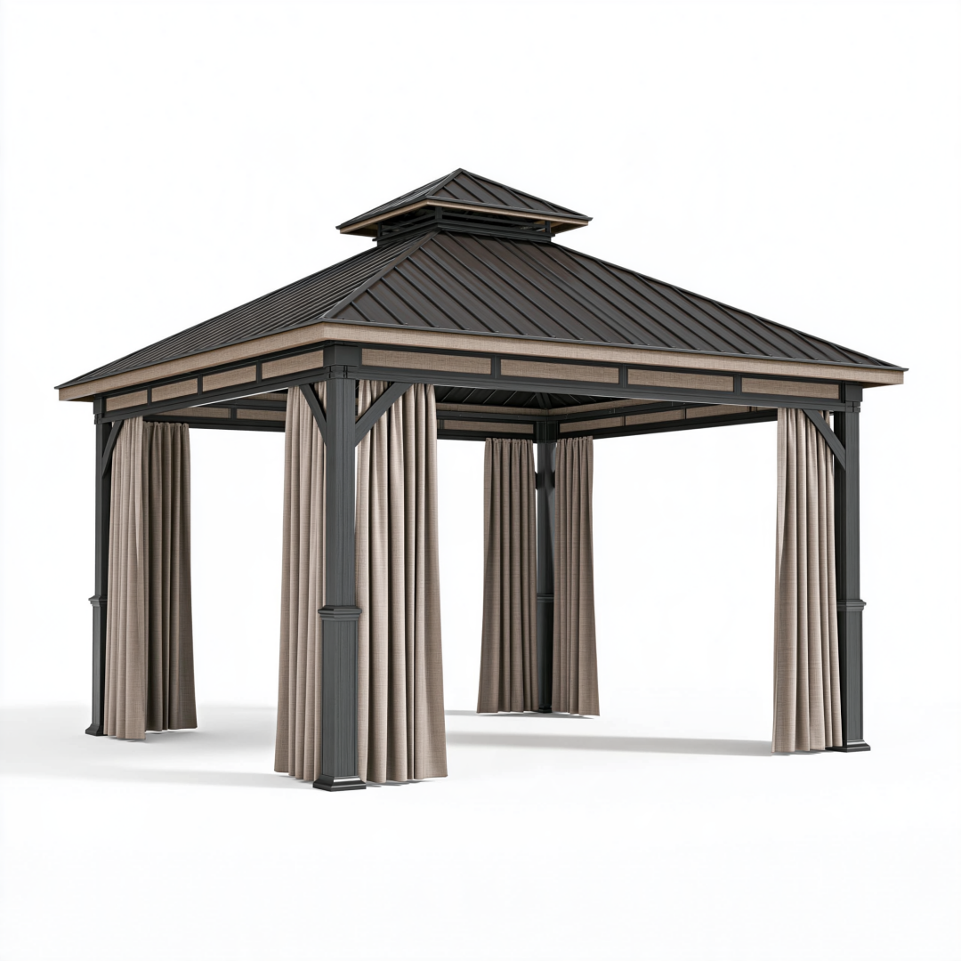 Tonnelle de jardin 400 x 400 cm en métal noir avec rideaux beige et toit rigide