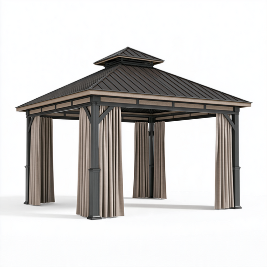 Tonnelle de jardin 400 x 400 cm en métal noir avec rideaux beige et toit rigide